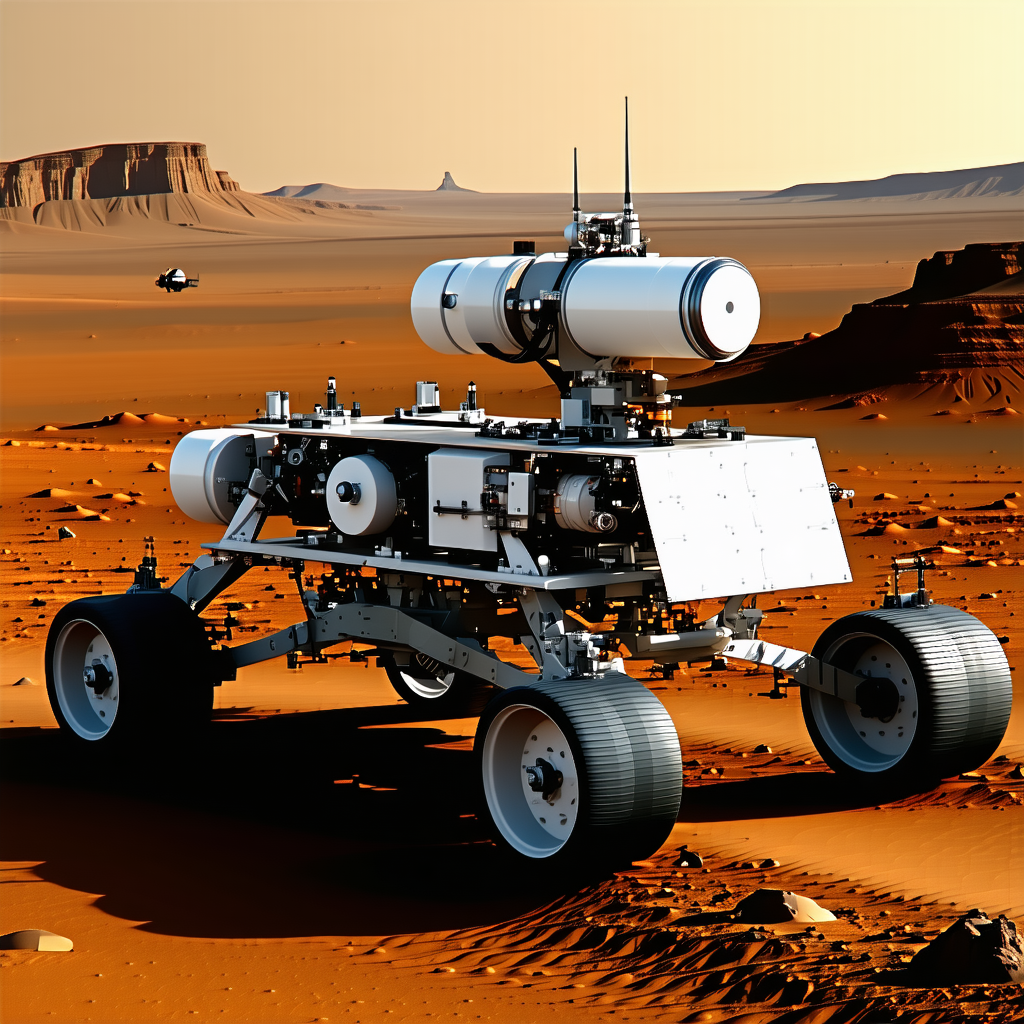 A Large, White, And Silver Robotic Vehicle On A Dirt Surface