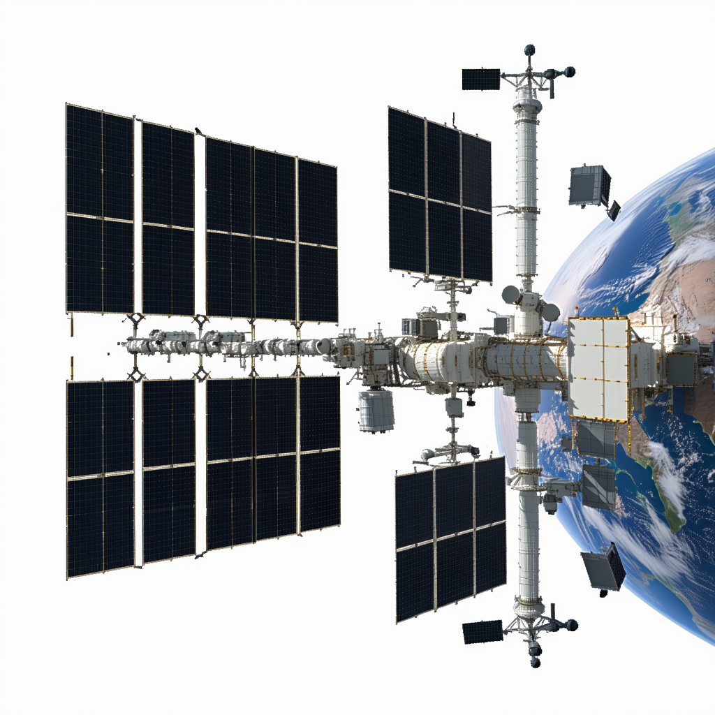 A Large Space Station Is Shown In A Close-up View, With The Earth In The Background