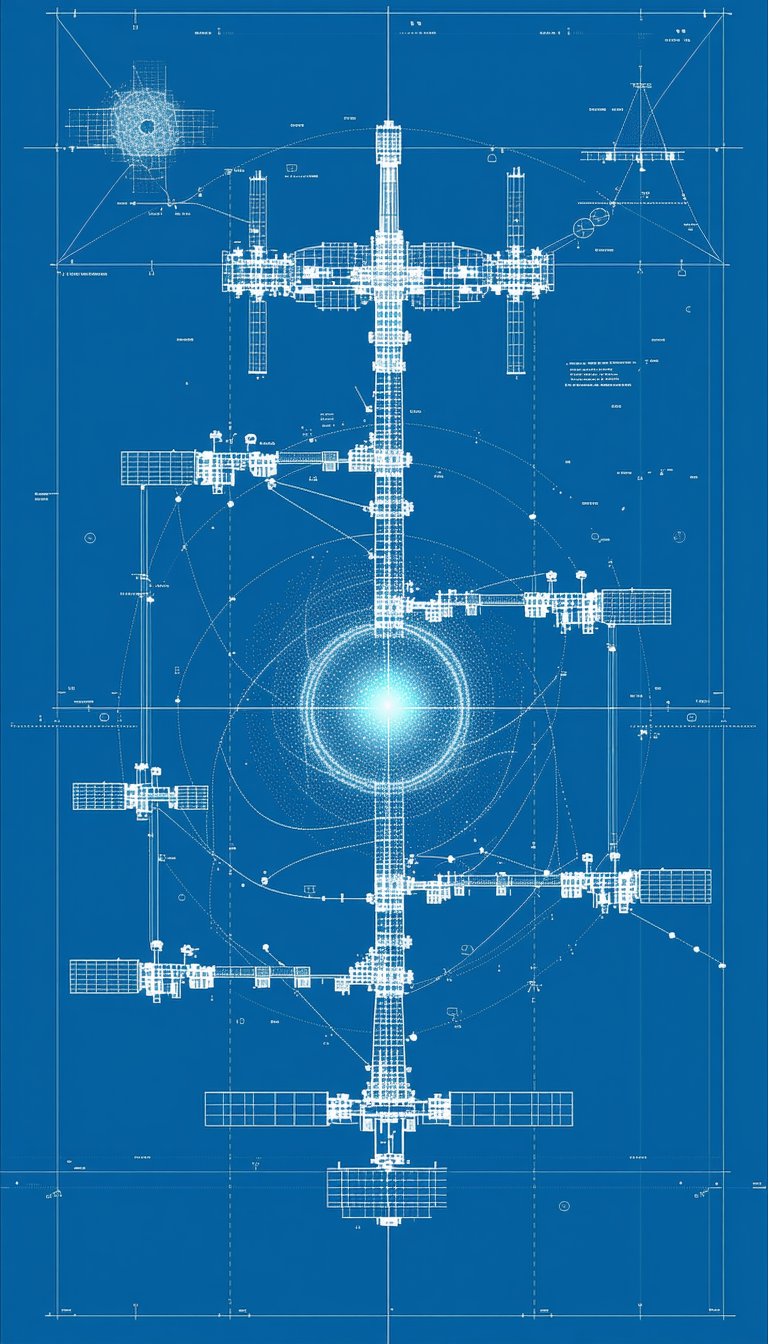 A Blue Drawing Of A Space Station Is Displayed