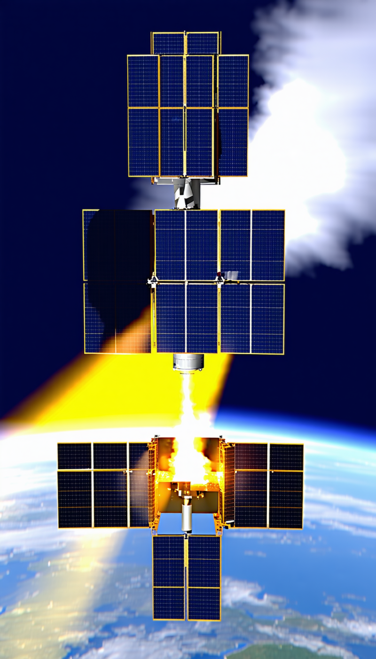 A Space Shuttle With A Solar Panel On Its Side, Flying Through The Sky