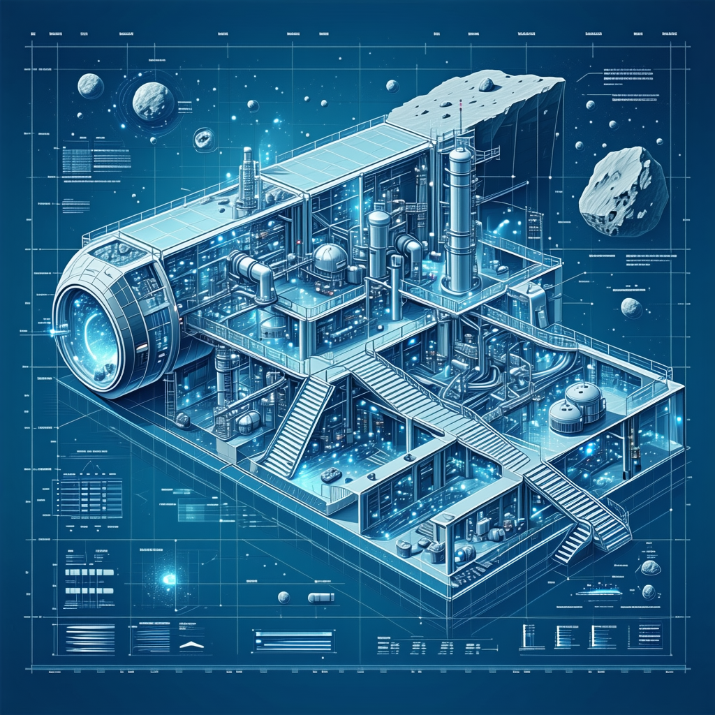 A Blue And White Drawing Of A Space Station Is Shown