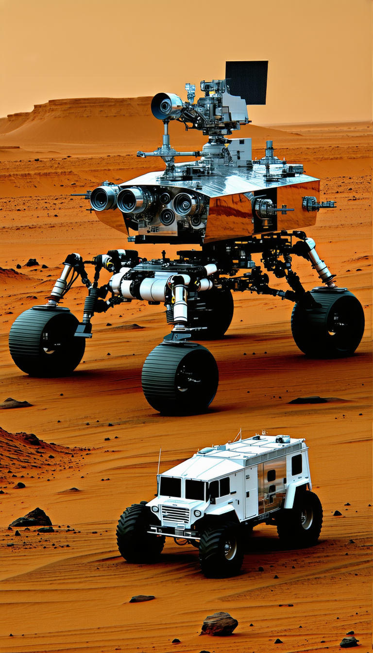 A Large Silver Robot Is Standing On A Red Dirt Surface, With A Truck Nearby