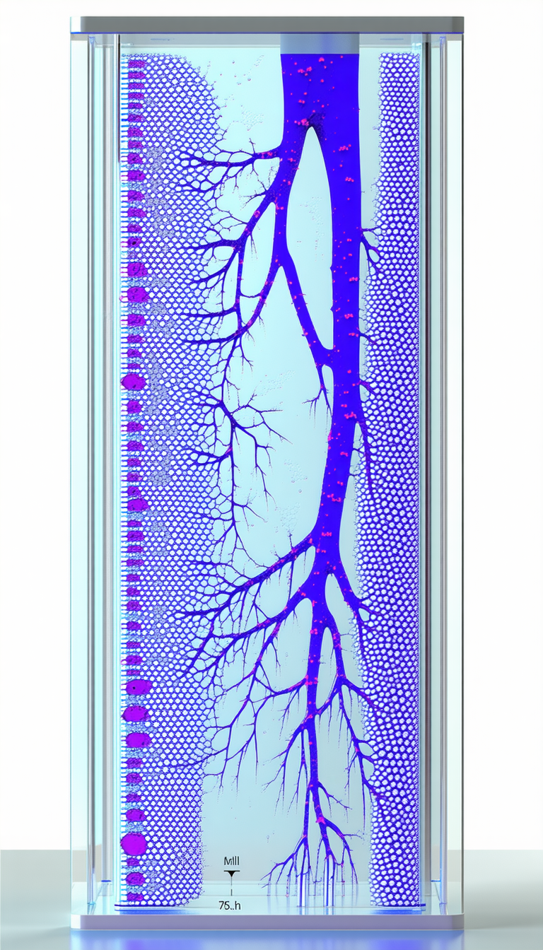 A Blue And Purple Image Of A Tree Is Displayed In A Glass Case