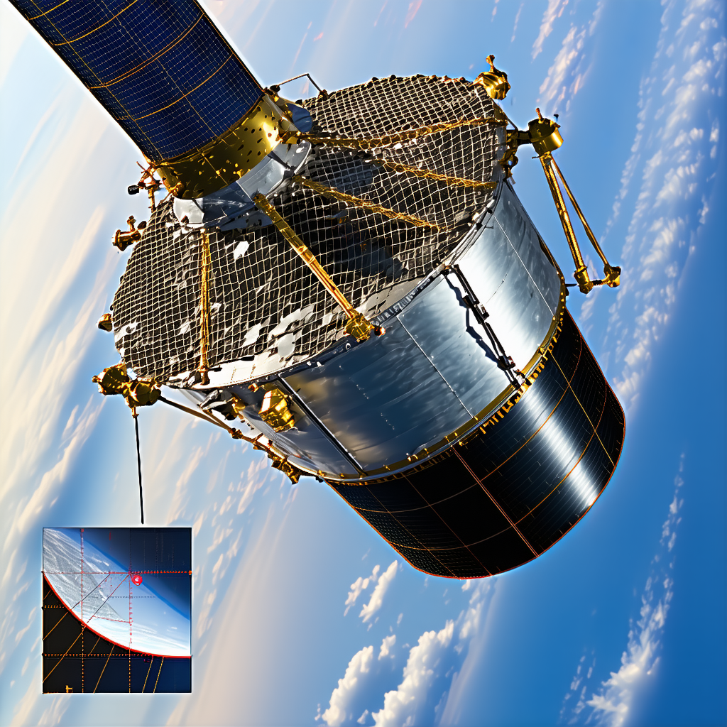 A Satellite Is Seen In The Sky, With A Large Dome Structure Attached To It