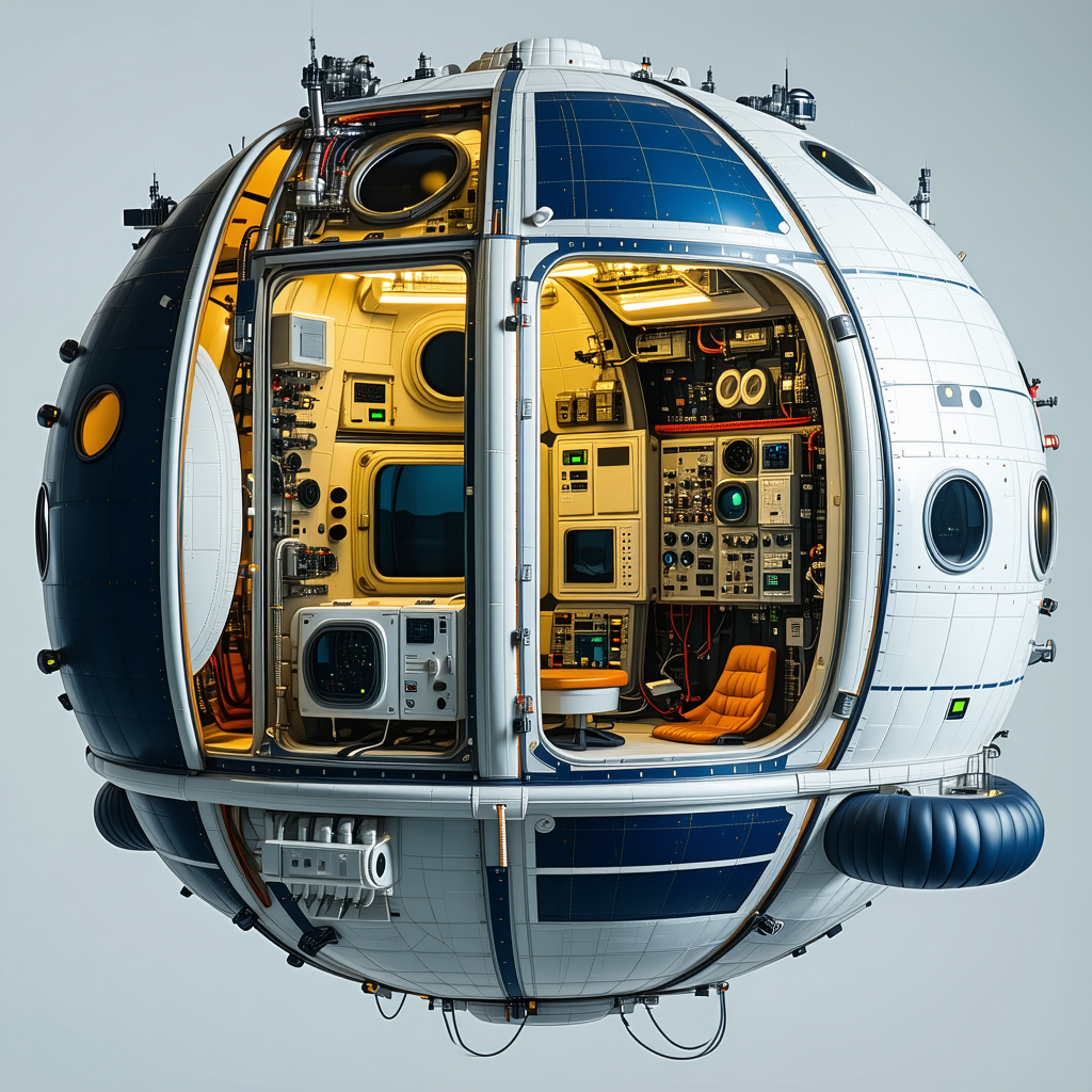 In The Image, There Is A Large, Round, White Spacecraft With A Blue And White Exterior