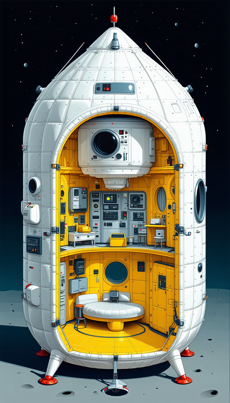 In The Image, There Is A Large White Spacecraft With A Yellow Interior