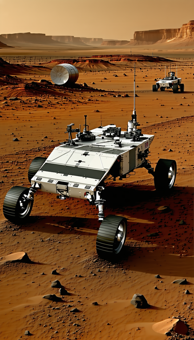 A White Robotic Vehicle With A Large Antenna On Top, Driving Across A Dirt Field