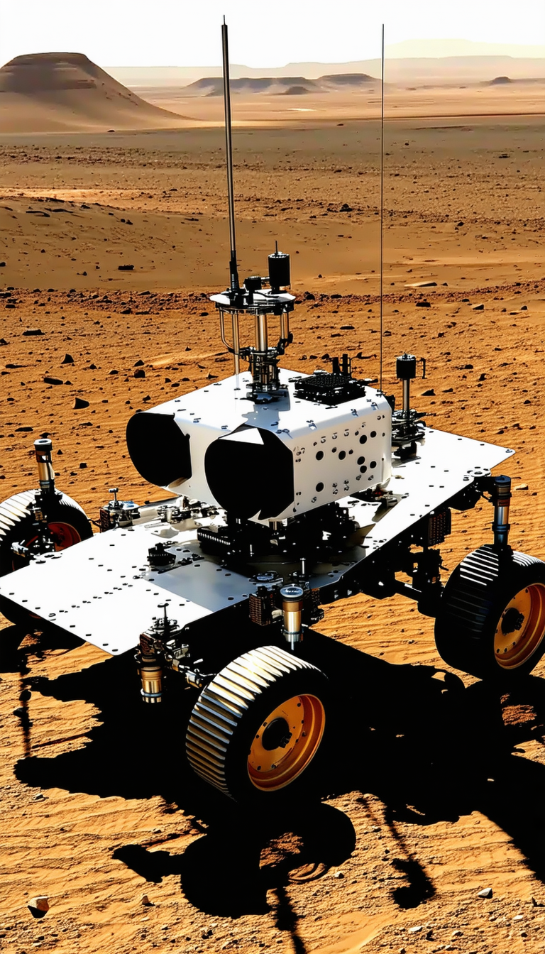 A White Robotic Vehicle, Possibly A Rover, Sitting On A Dirt Surface