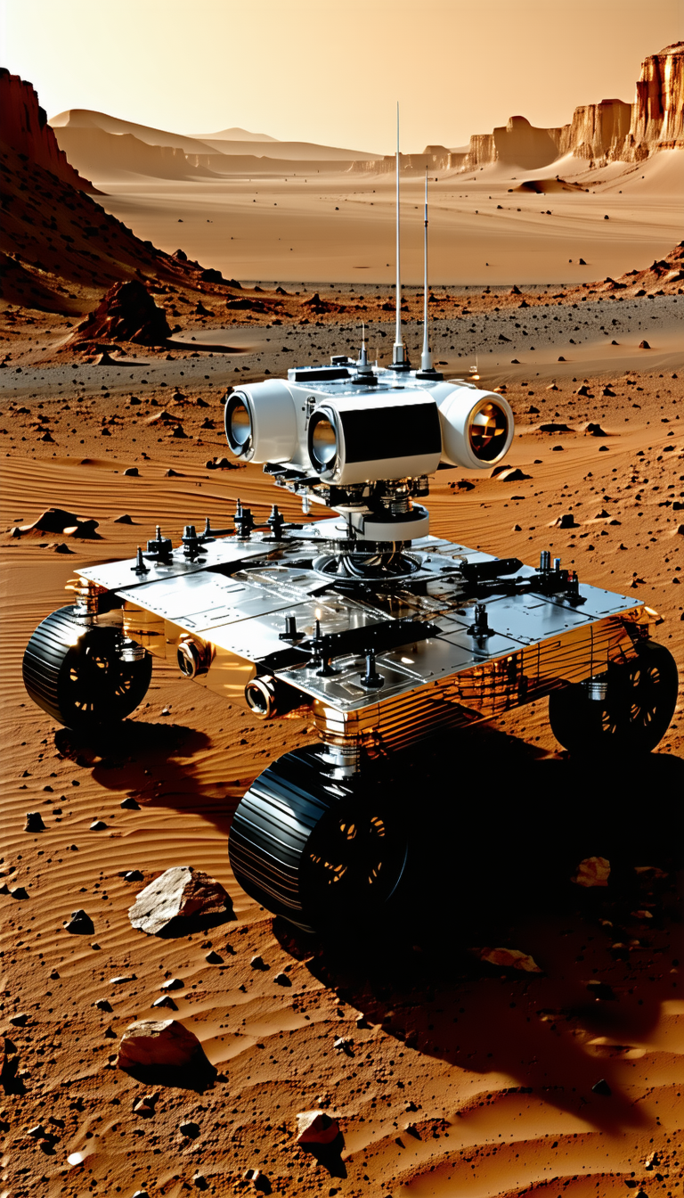A Robotic Vehicle Is Sitting On A Rocky Surface, Possibly A Desert