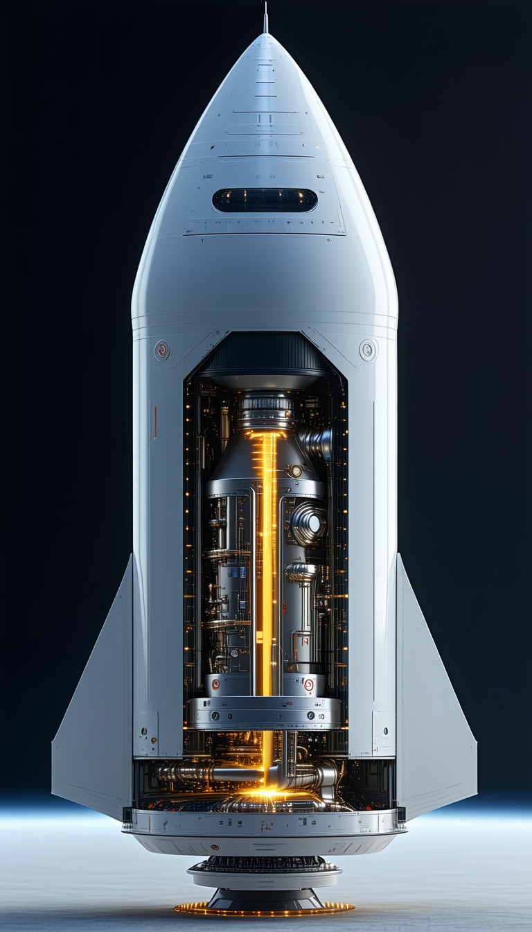 A Rocket Ship Is Shown In A Close-up View, With Its Engine And Other Components Visible