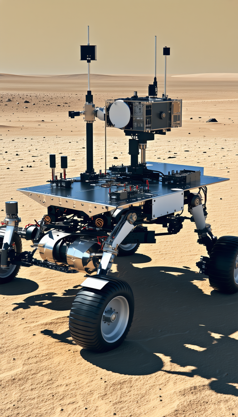 A Large Robotic Vehicle Is Sitting On A Sandy Surface, Possibly A Desert
