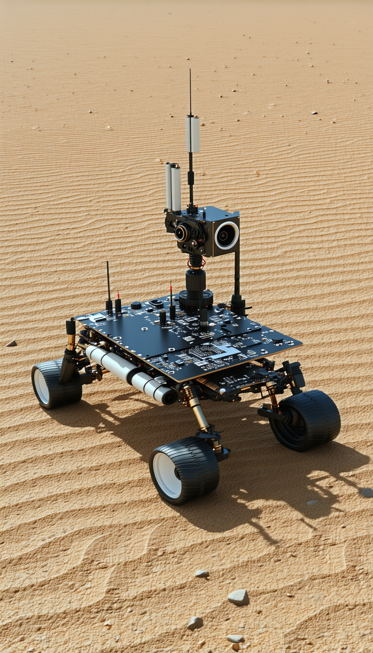 A Small Robotic Vehicle With A Camera On Top Of It, Driving Across A Sandy Terrain