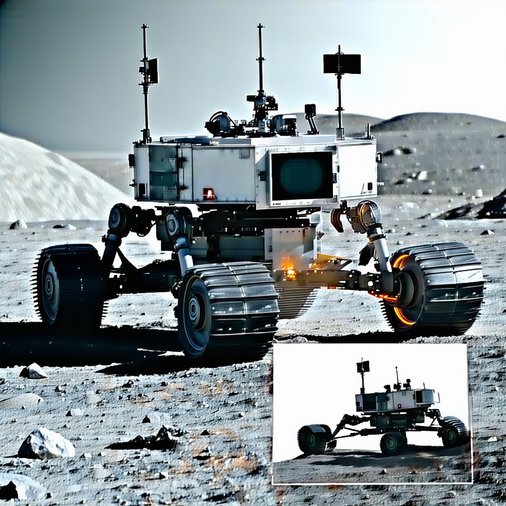 A Robotic Vehicle Is Driving On A Rocky Surface, Possibly On The Moon