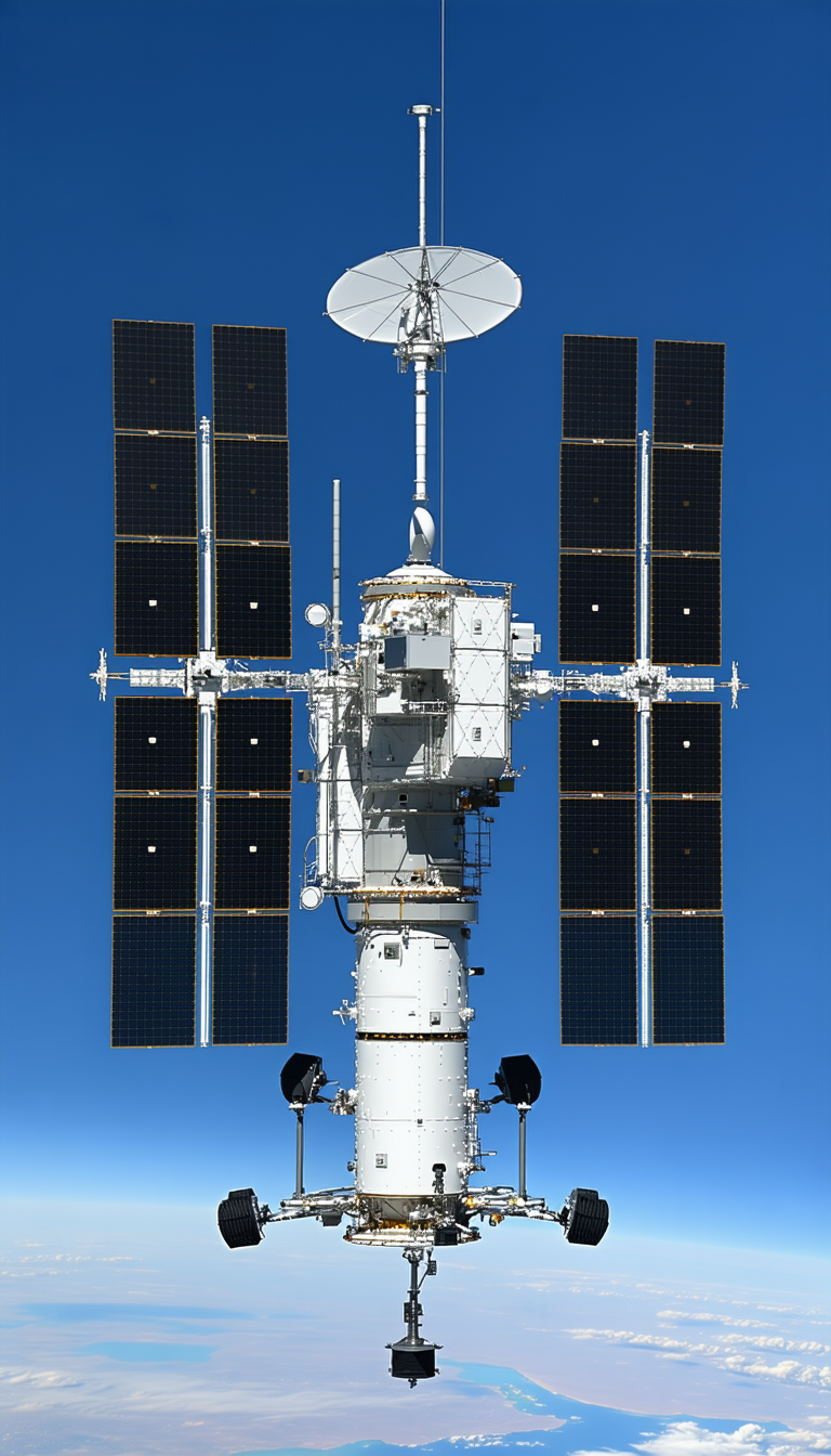 A Large White Spacecraft Is Floating In The Sky