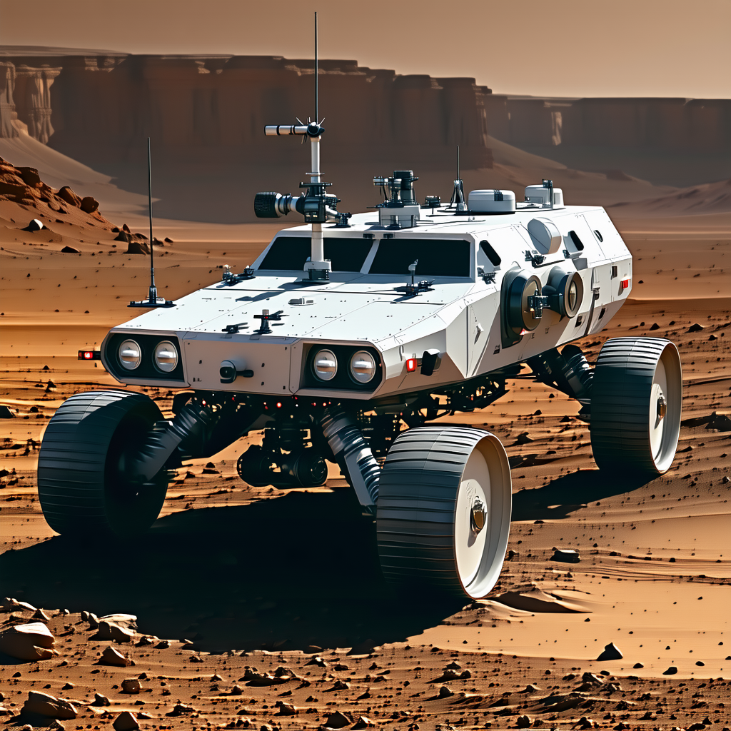A White, Four-wheeled Vehicle, Possibly A Rover, Driving Across A Rocky Terrain