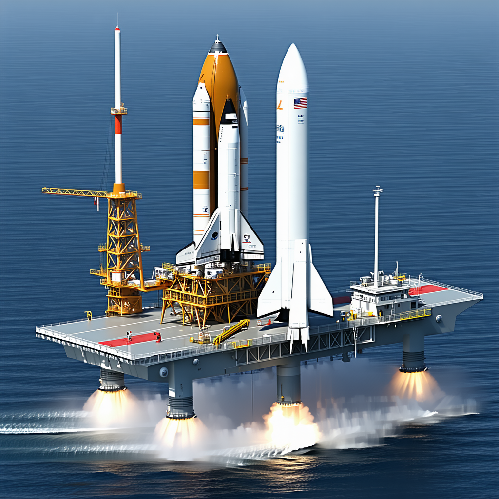 A Large Space Shuttle Docked On A Floating Platform In The Ocean
