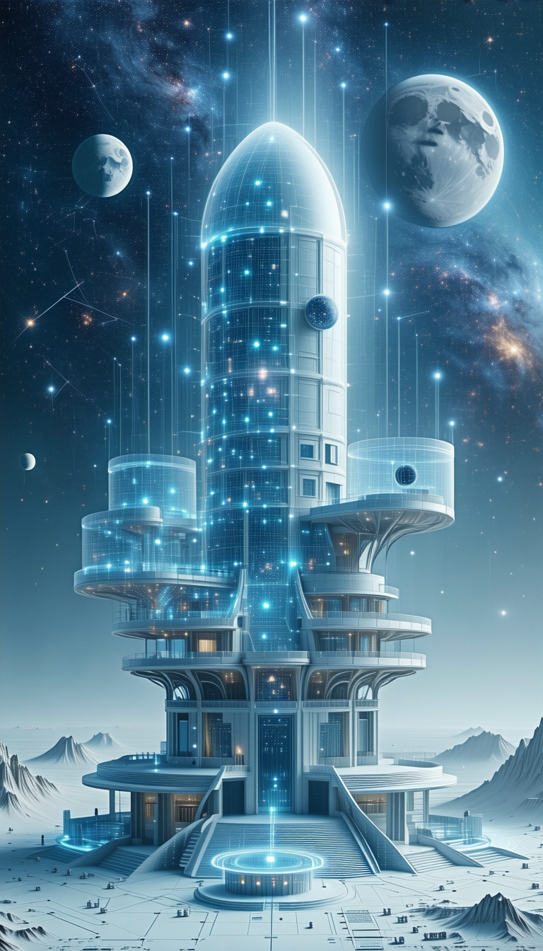 In This Image, There Is A Large, Futuristic Building With A Tall Tower And A Dome-shaped Structure