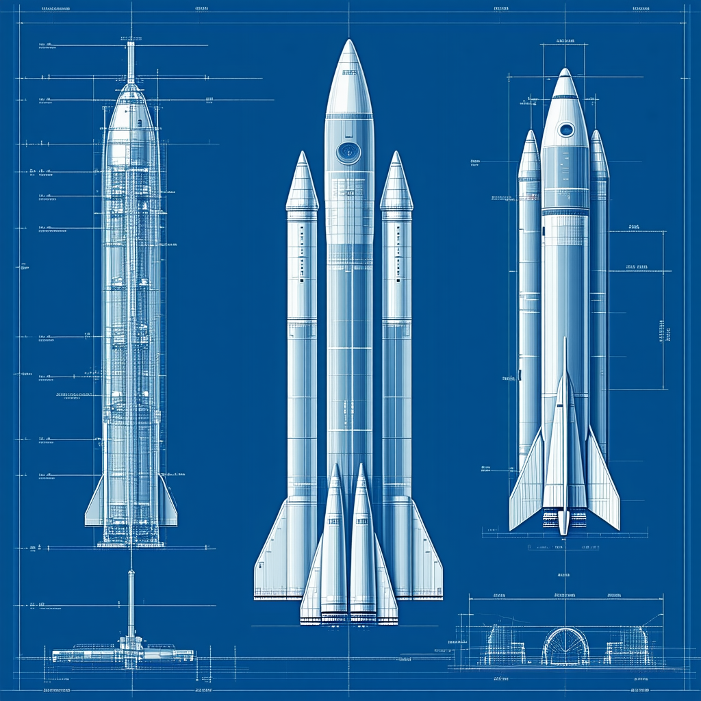 A Blue Drawing Of A Rocket Ship Is Shown In Three Different Stages