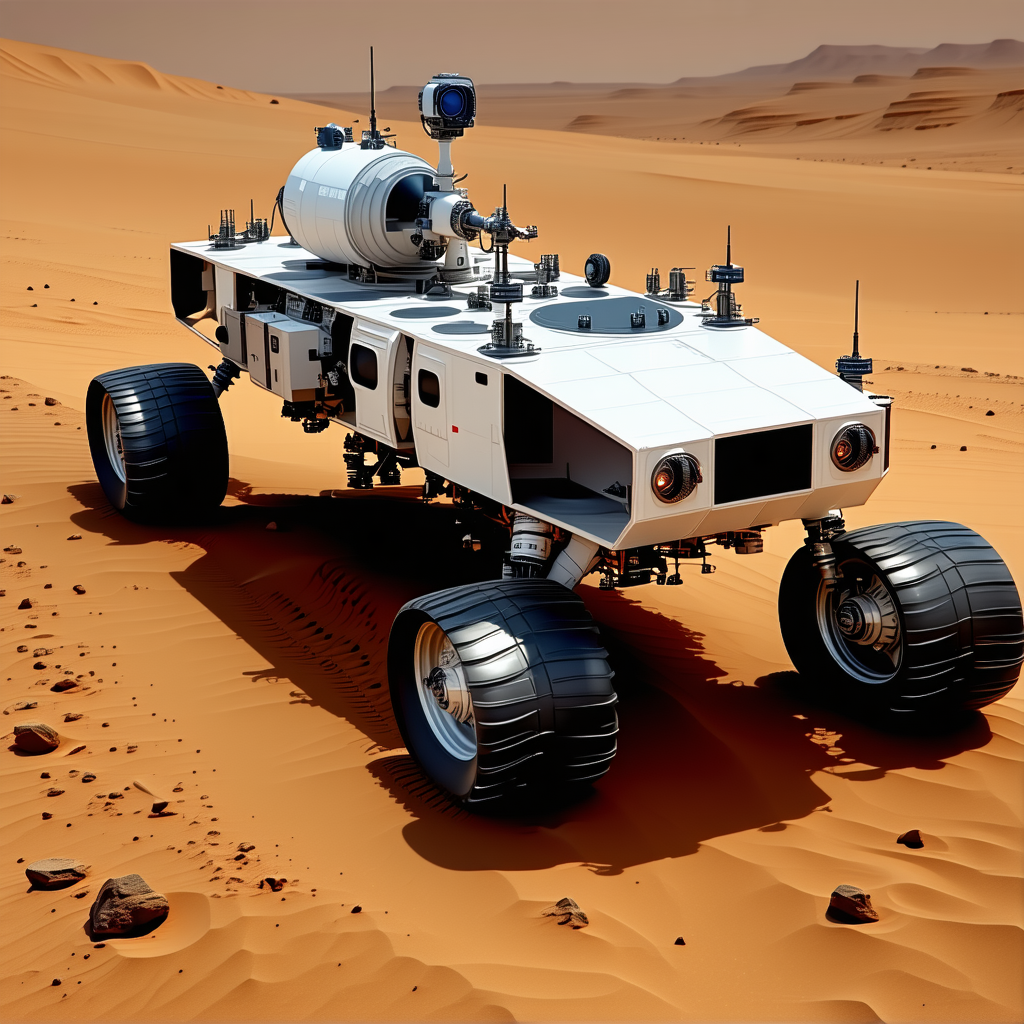A White Robotic Vehicle Is Driving Across A Sandy Terrain