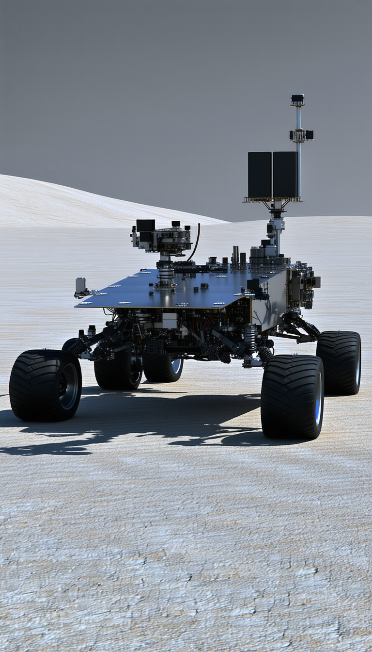 A Large, Futuristic Vehicle With Four Wheels, Parked On A Sandy Surface