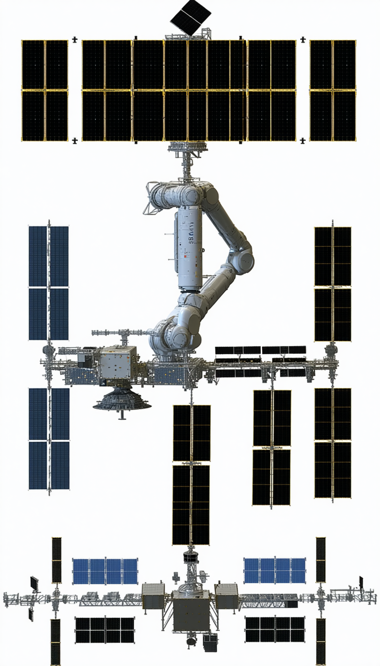 The Image Is A White Drawing Of A Space Station, Which Appears To Be A Large Satellite