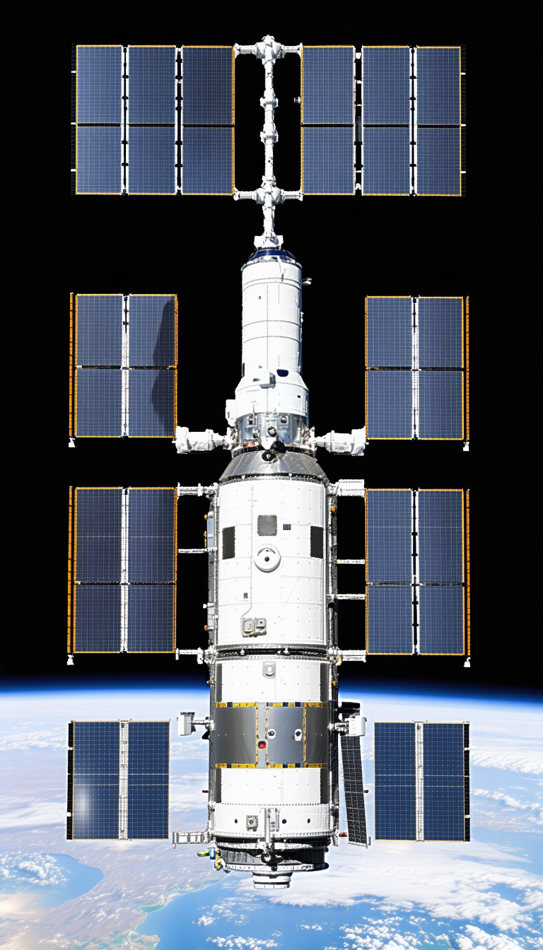A Large White Spacecraft With A Blue And Yellow Satellite On Top Of It