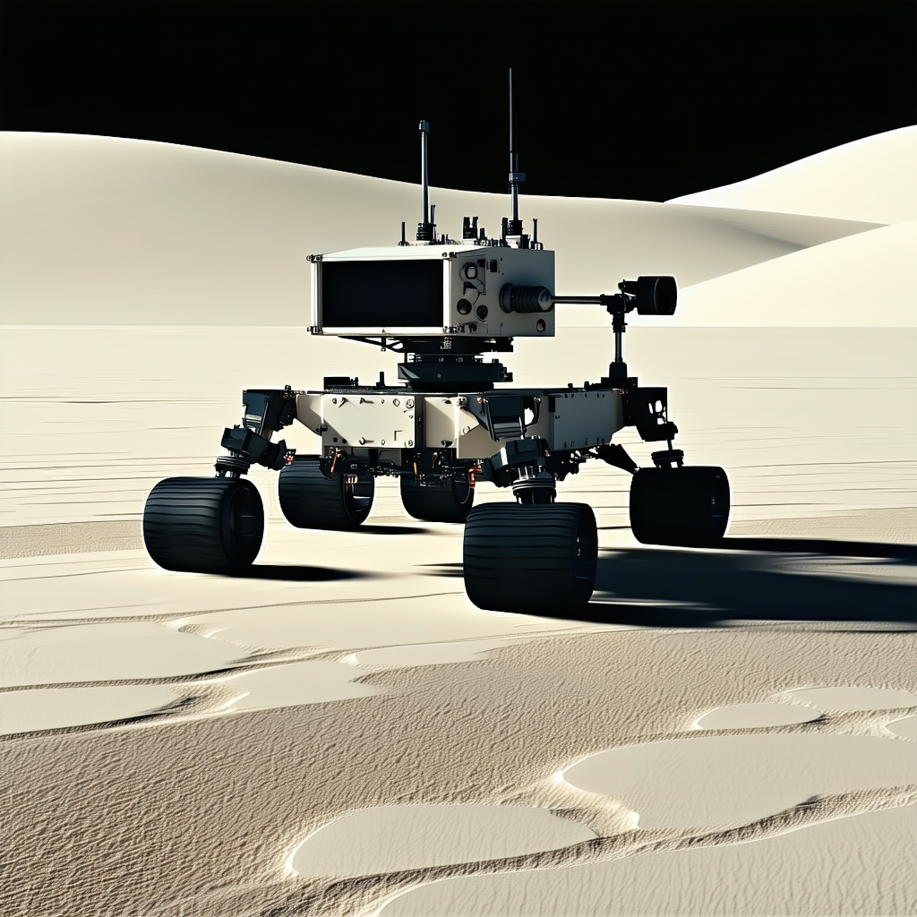A White Robotic Vehicle, Possibly A Rover, Driving Across A Sandy Surface