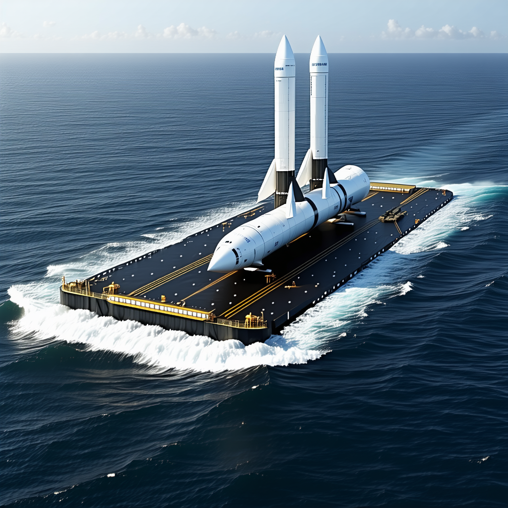 A Large White Space Shuttle On A Runway, Which Is Actually A Boat Floating On The Ocean