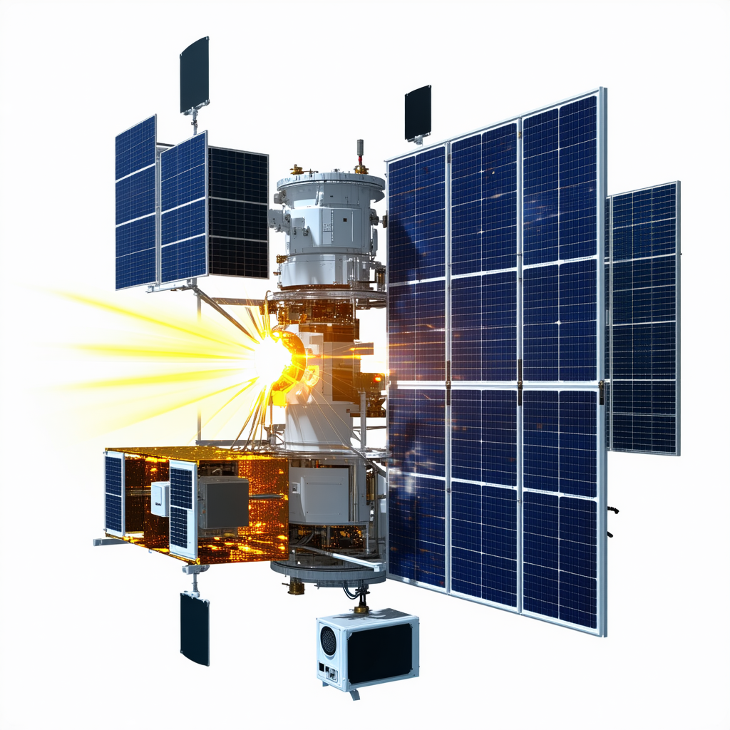 A Large Spacecraft Is Shown In A White Background, With A Solar Panel On The Side