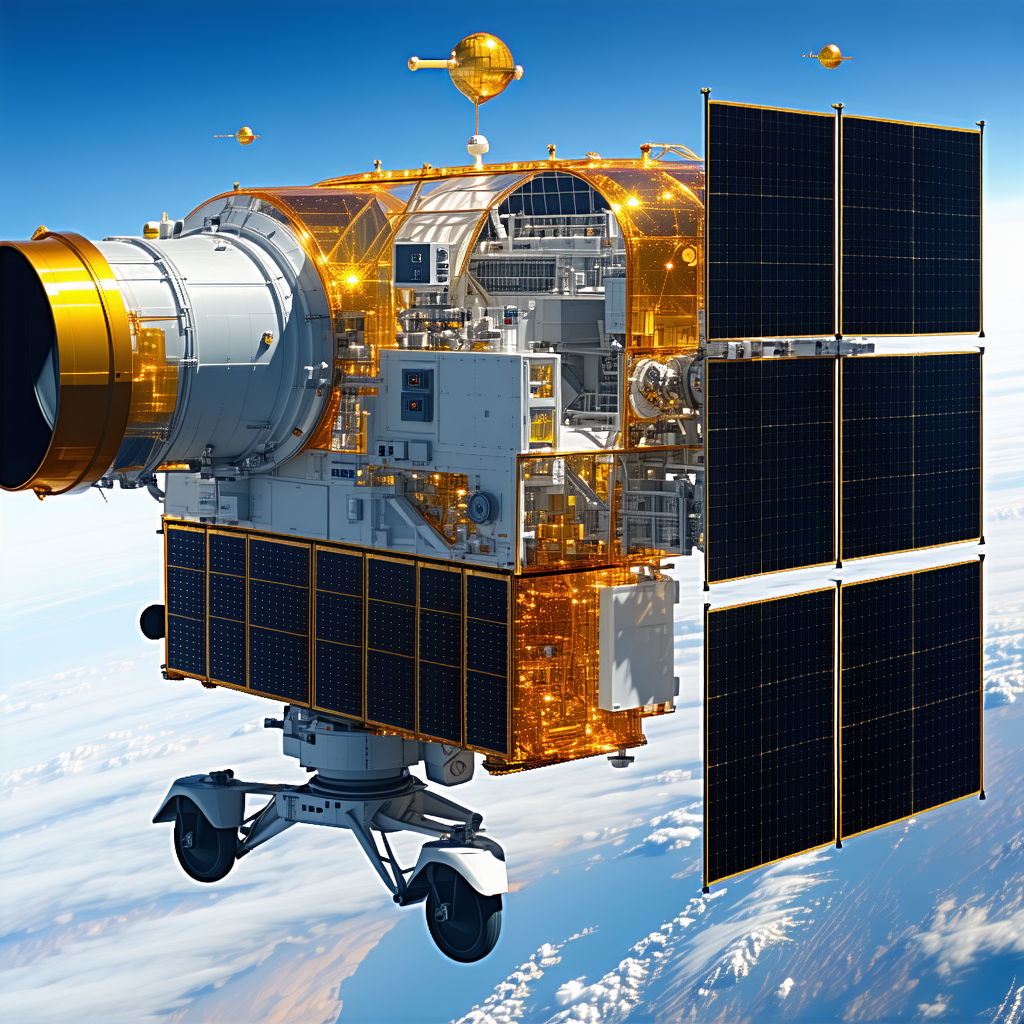 A Spacecraft Is Flying Through The Sky, With A Large Satellite On The Bottom Of The Image