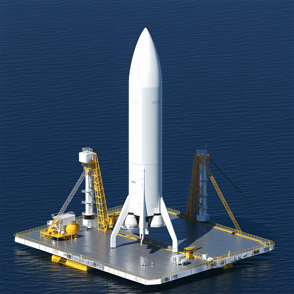 A Large White Rocket Ship Floating On A Platform In The Ocean