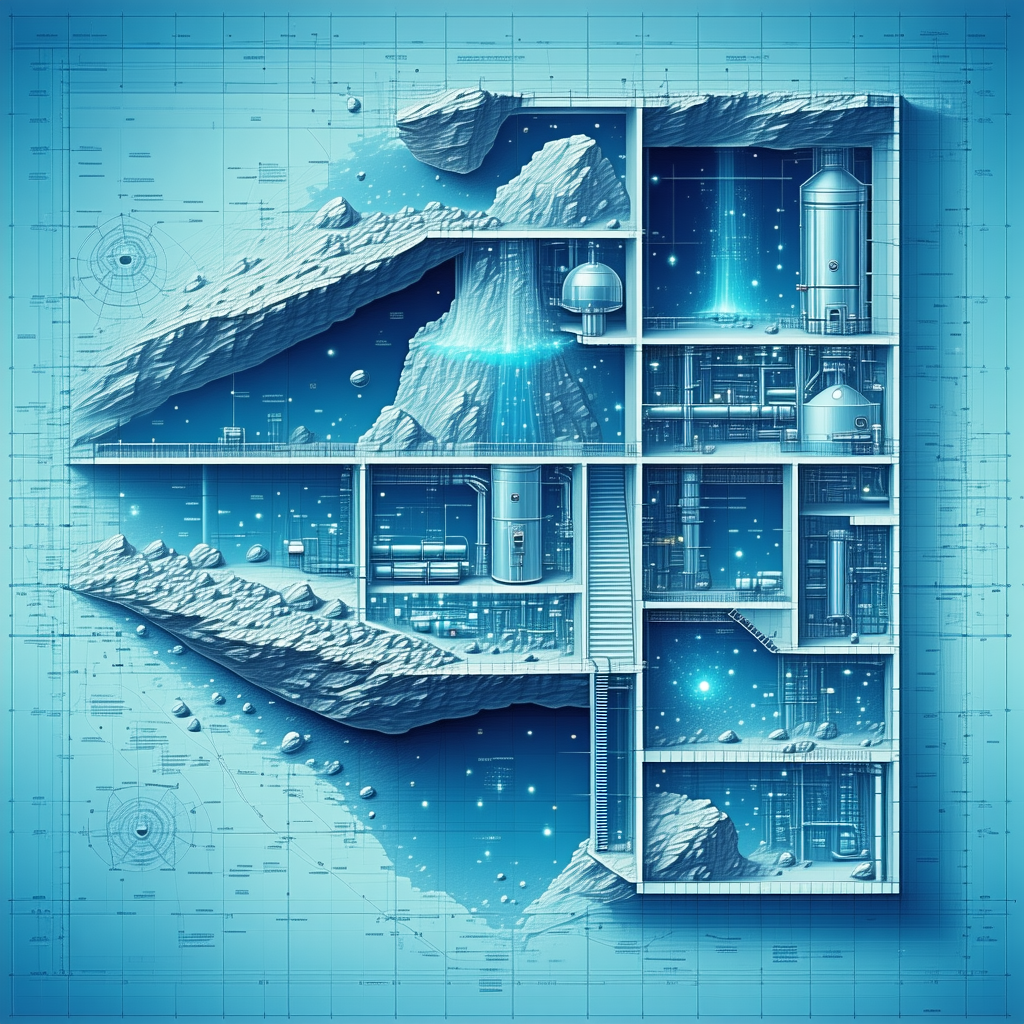 A Blue And White Drawing Of A Space Station Is Shown