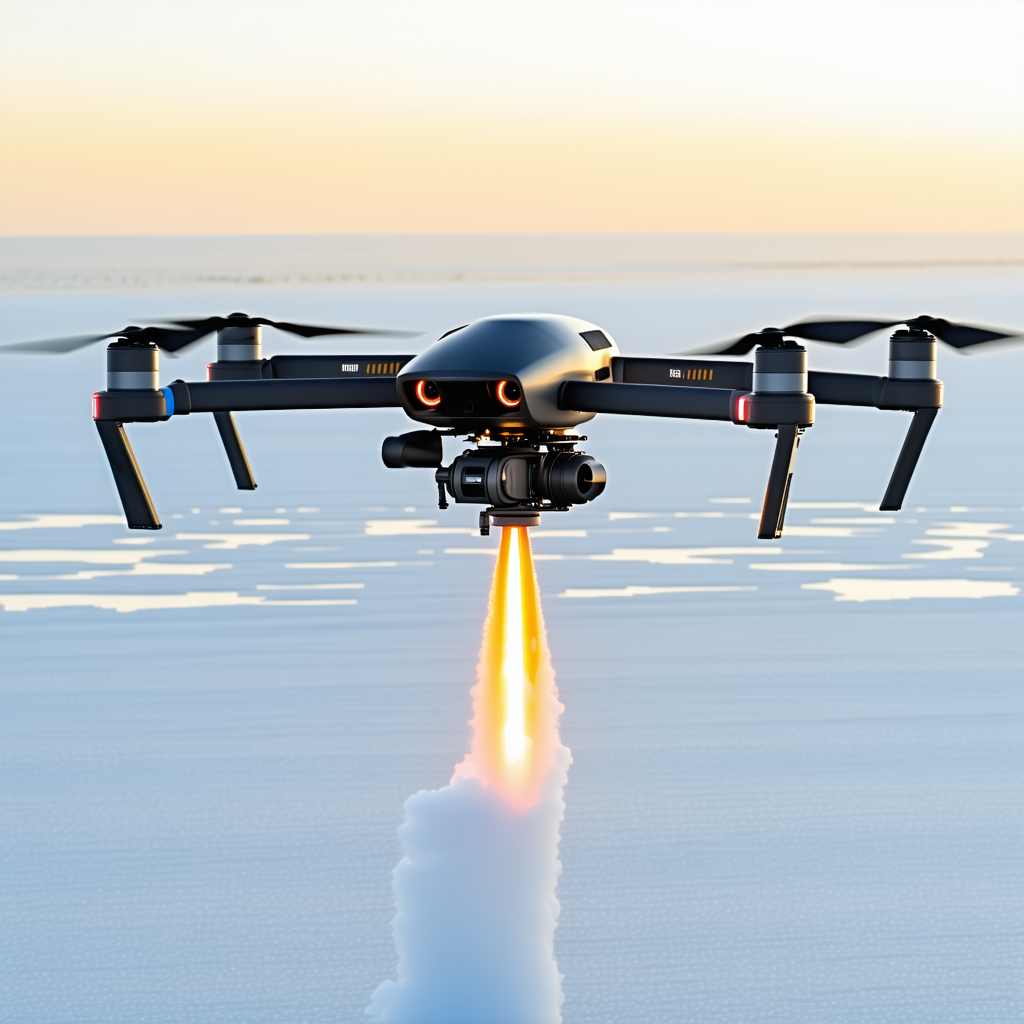 A Black Drone Is Flying Through The Air, Leaving A Trail Of Smoke Behind It