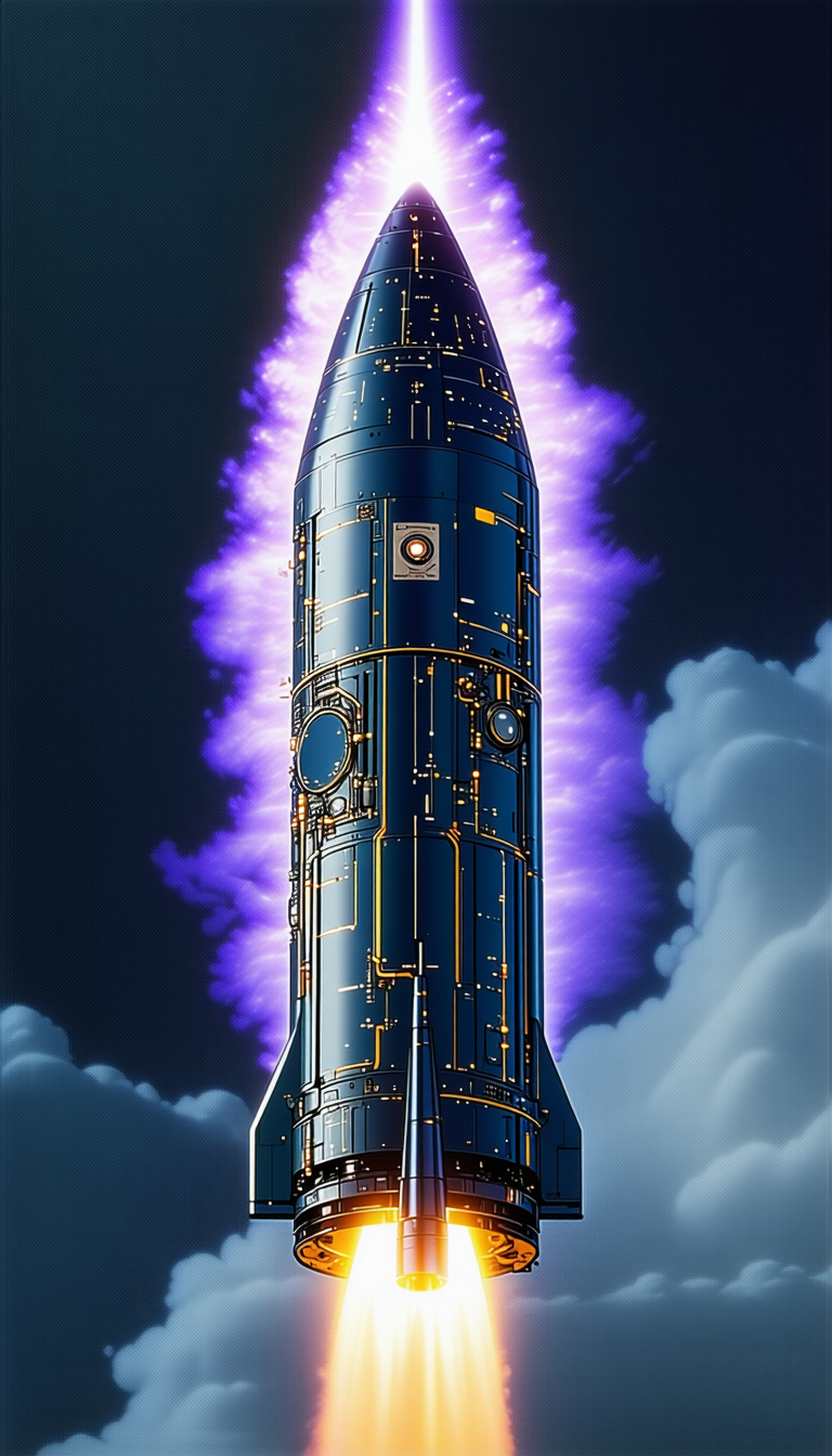 A Rocket Ship Is Shown In A Blue And Purple Color Scheme, With A Purple Light Shining On It