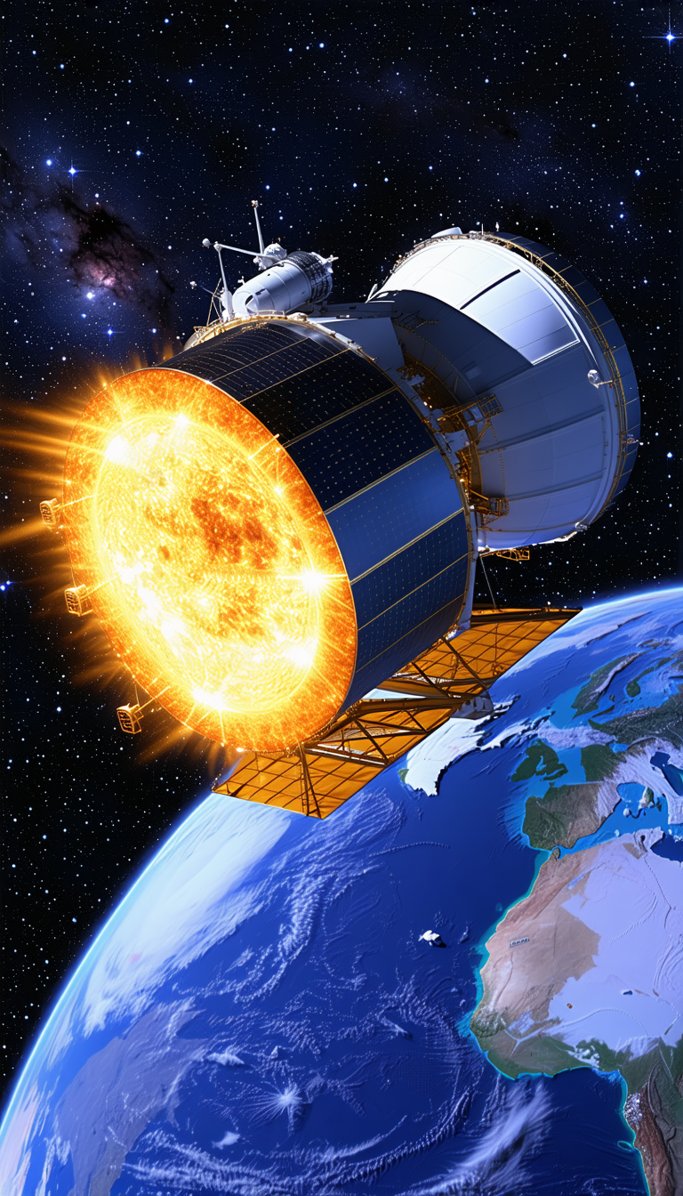 A Spacecraft With A Large Dome On Top, Flying Over A Blue And White Earth