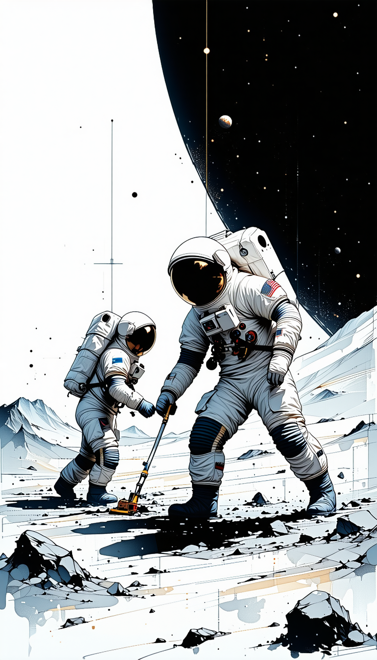 In The Image, There Are Two Astronauts Standing On A Rocky Surface, Possibly On The Moon