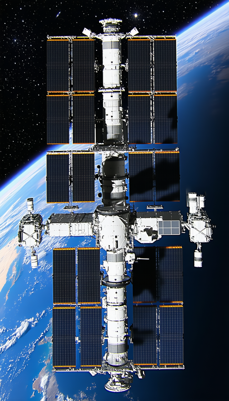 A Space Station Is Shown In The Image, With A Large Satellite Dish On The Side
