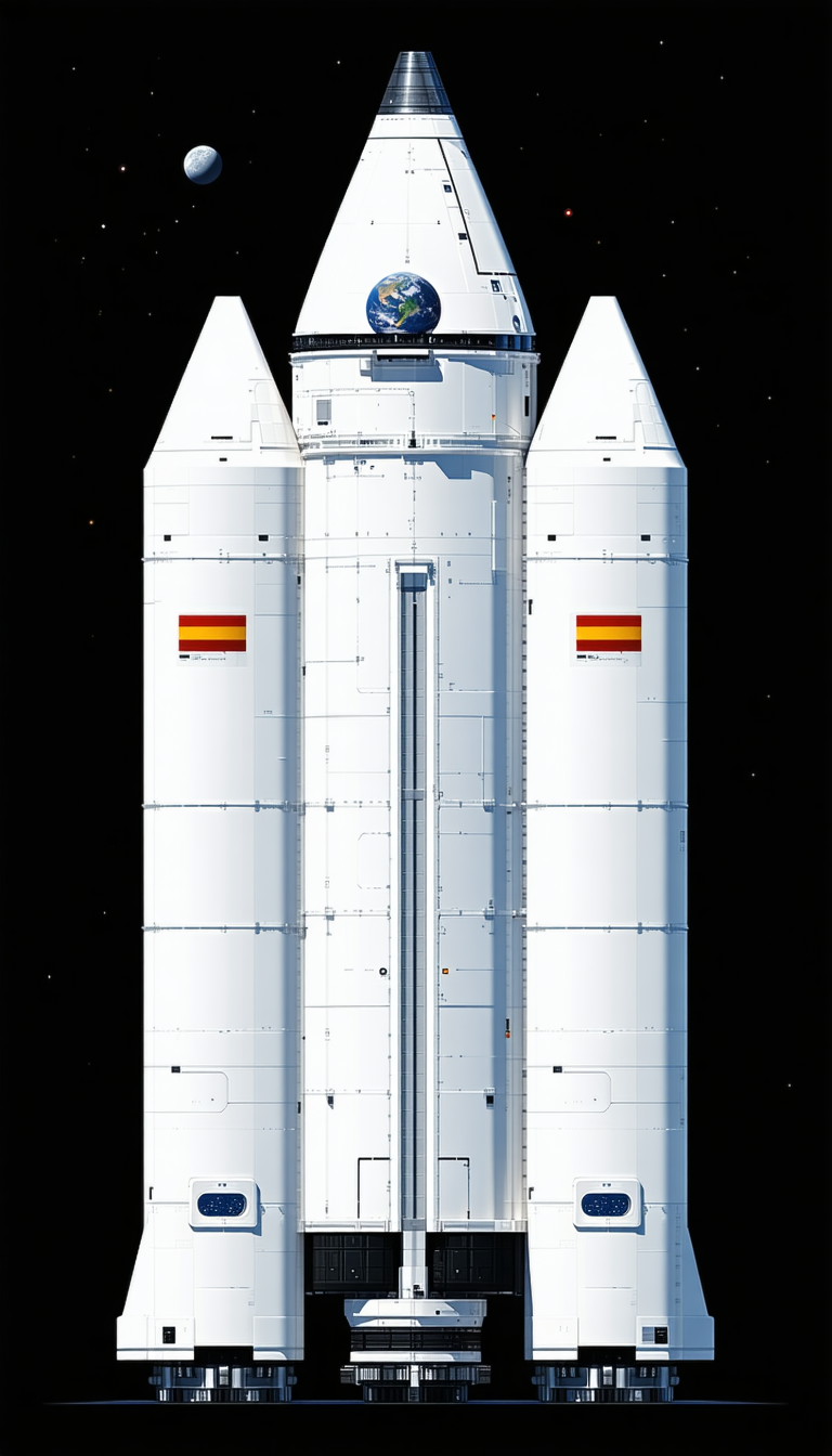 A White Rocket Ship Is Shown In A Space Scene