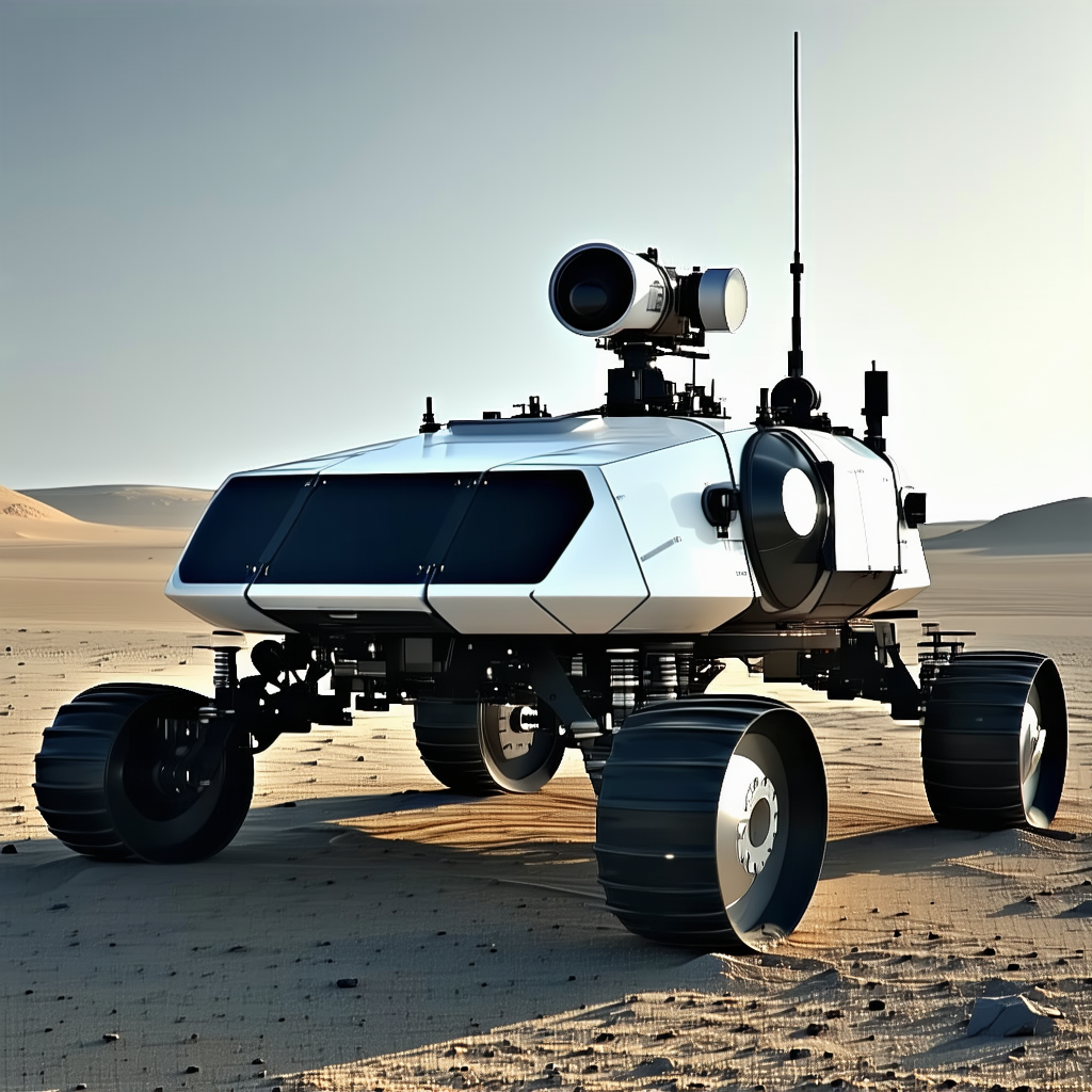 A Futuristic Robotic Vehicle With Four Large Wheels, Resembling A Tank
