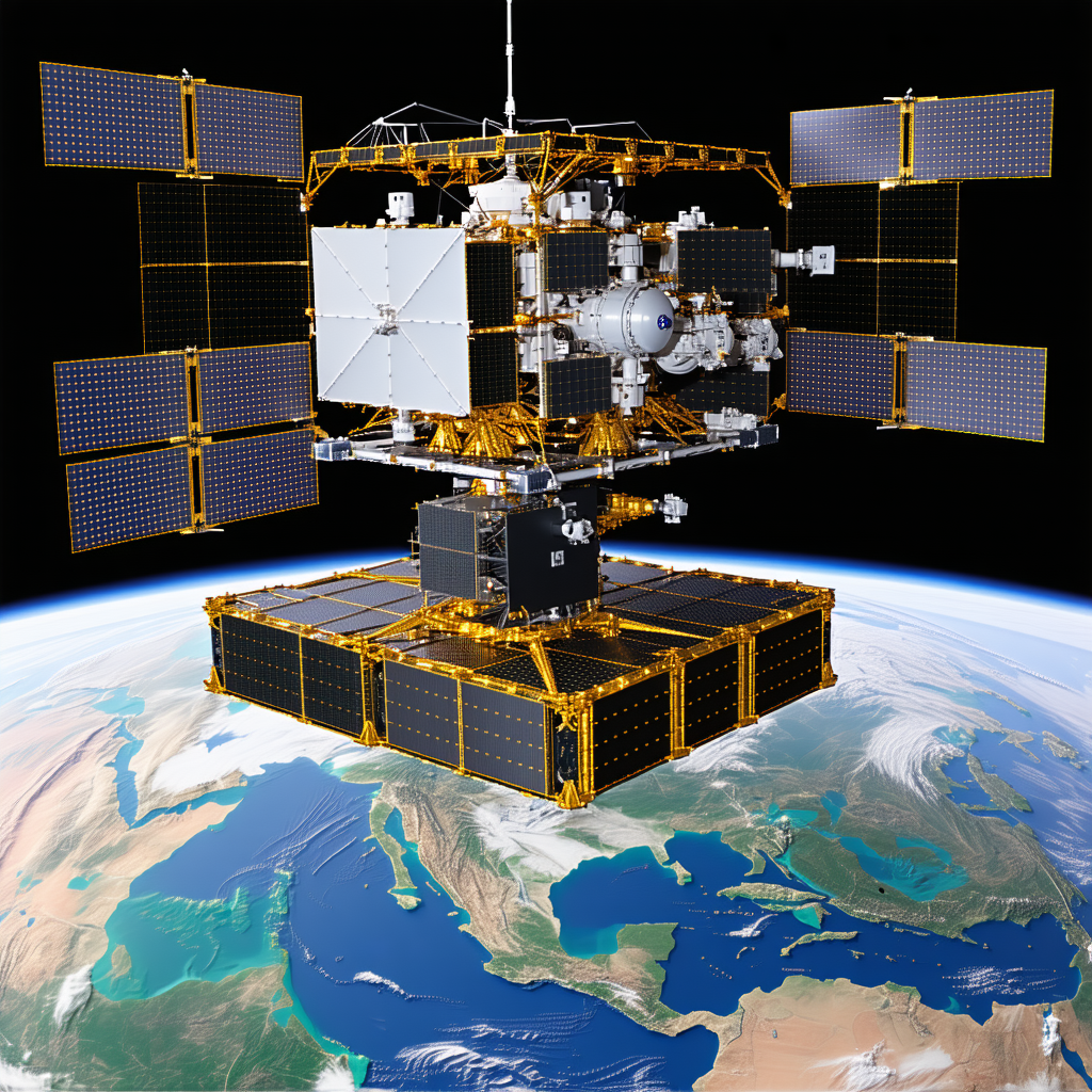 A Large Spacecraft, Possibly A Satellite Or A Space Station, Floating In The Air Above The Earth
