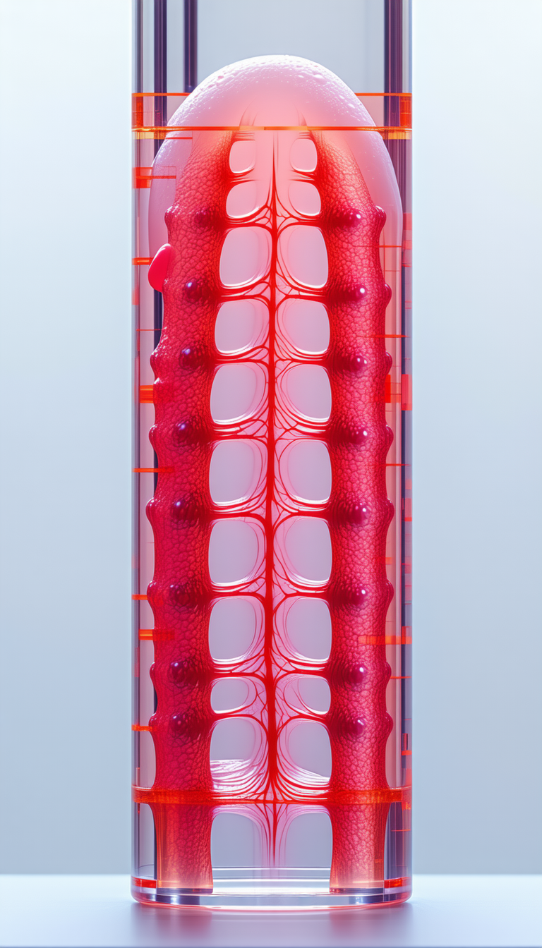 A Red, Pink, And White Tube With A Red Liquid Inside