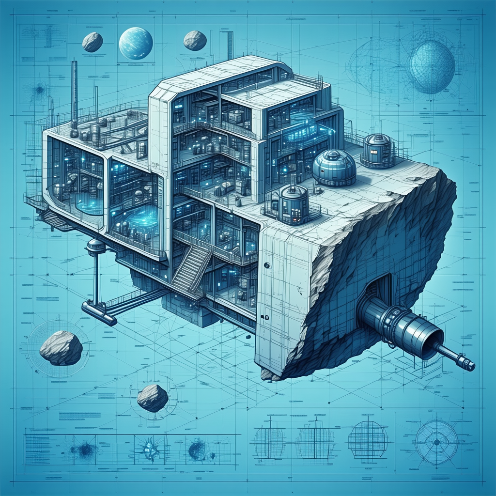 The Image Is A Blueprint Of A Futuristic Building, Possibly A Space Station Or A Large Spacecraft