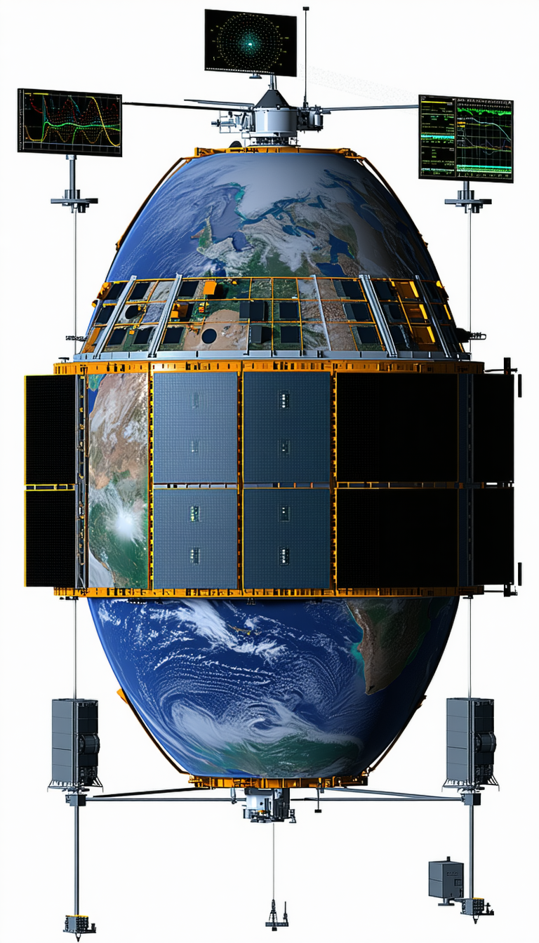 A Large Satellite Dish Is Shown In The Image, With A Large Globe Of The Earth In The Center