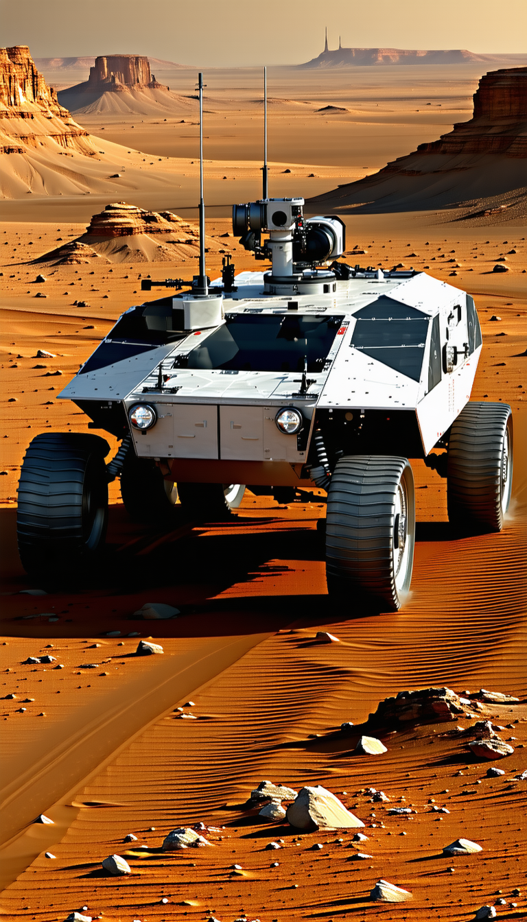A White Vehicle Is Driving On A Dirt Road In A Desert