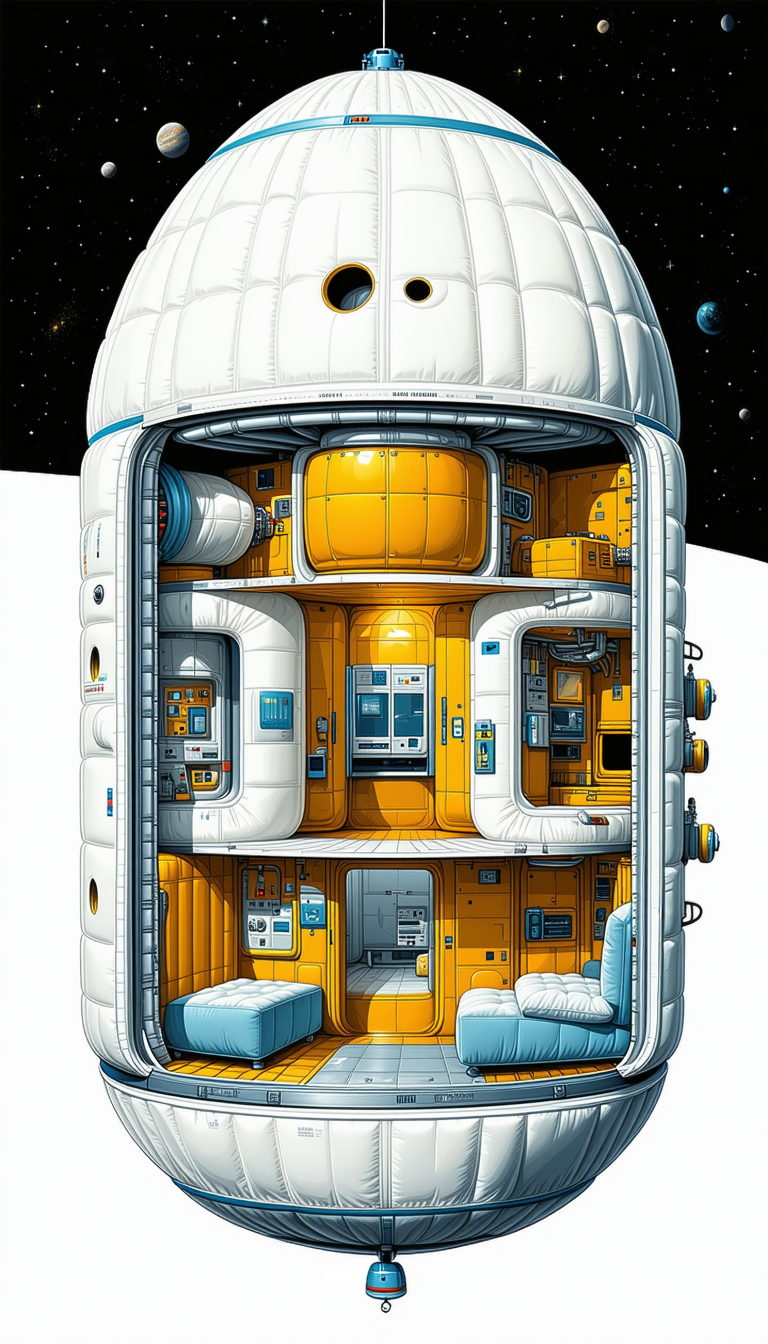 In The Image, There Is A Large, White, And Yellow Spacecraft With A Dome-shaped Top