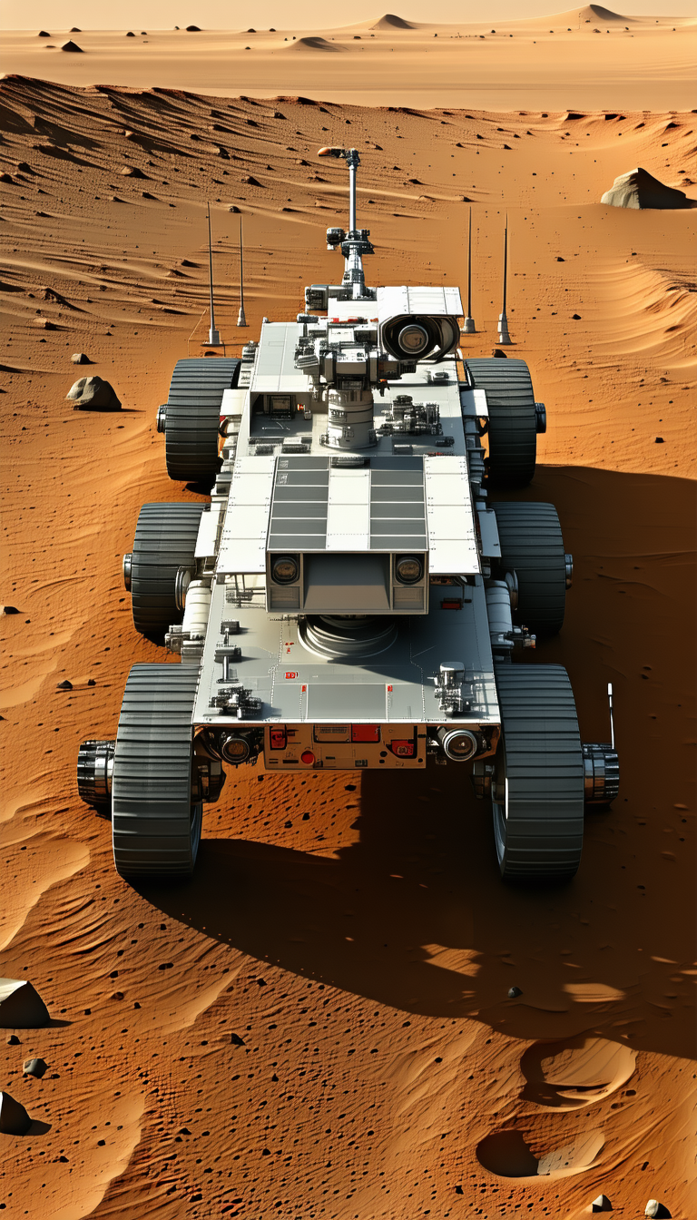 A Large Robotic Vehicle Is Parked On A Dirt Surface, With A Red And White Color Scheme
