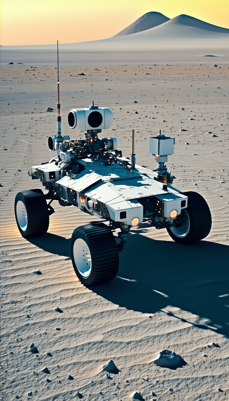 A White Robotic Vehicle Is Sitting On A Sandy Surface, Possibly A Beach