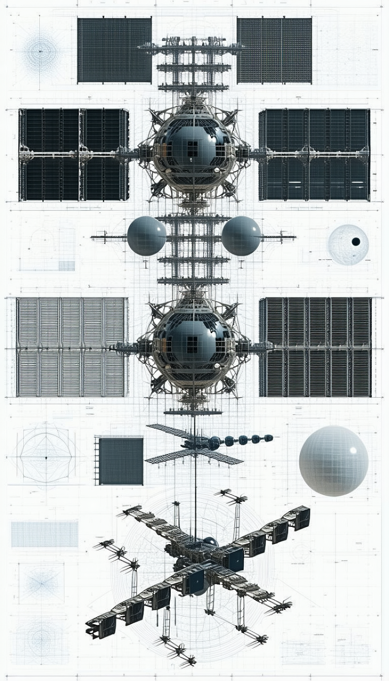 A Large, Futuristic Space Station Is Depicted In A Series Of Drawings