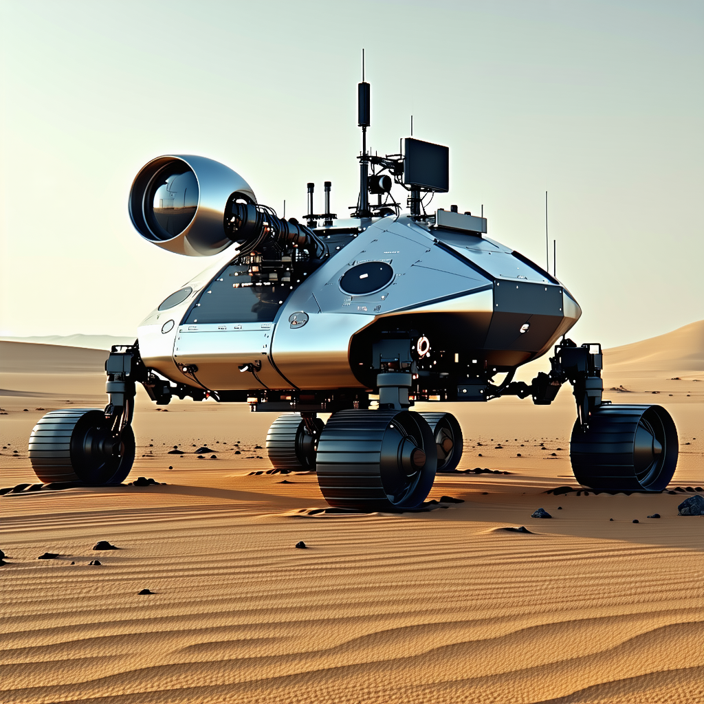 A Large Robotic Vehicle Is Sitting In A Desert Landscape