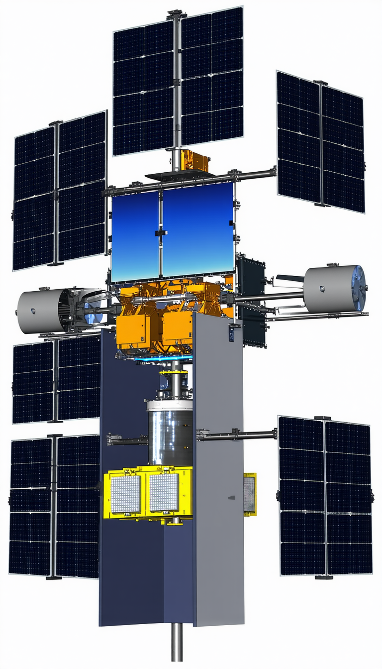 A Large Spacecraft Is Shown In A White And Blue Color Scheme